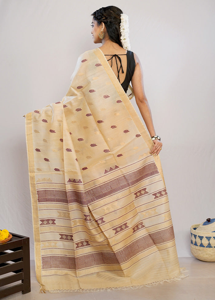 Cream Tussar Pure Silk Saree With Blouse Piece - Indian Silk House Agencies