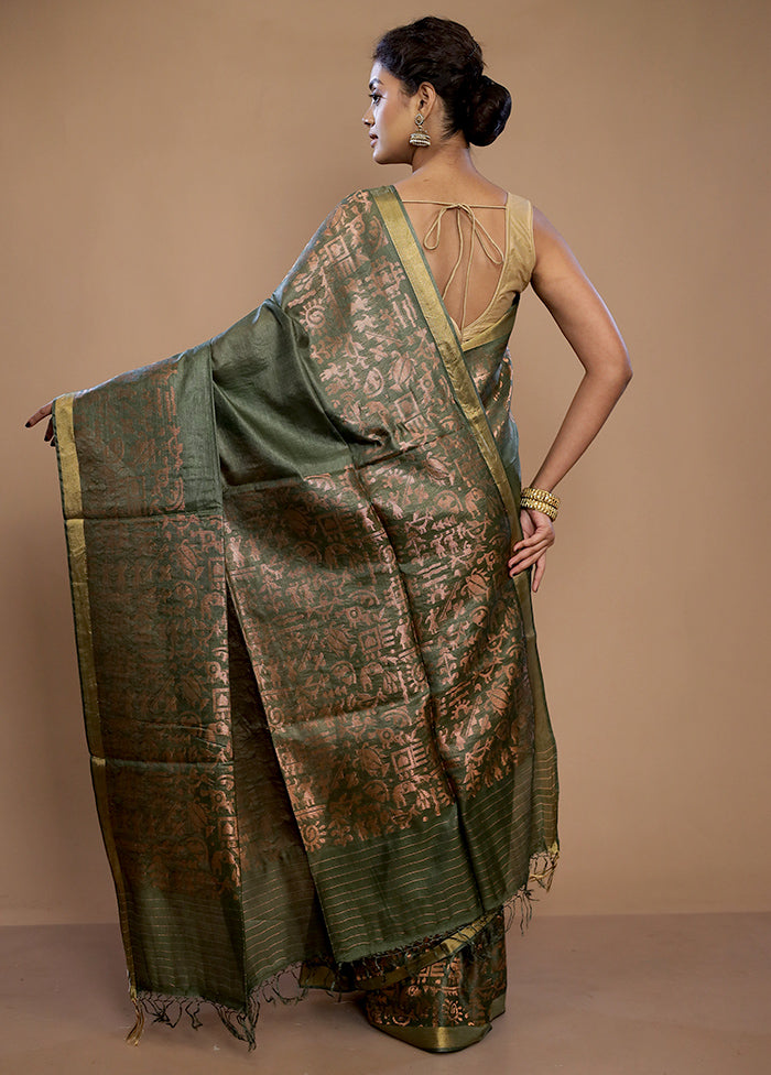 Green Tussar Pure Silk Saree With Blouse Piece - Indian Silk House Agencies