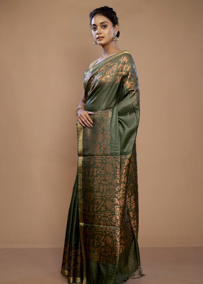 Green Tussar Pure Silk Saree With Blouse Piece - Indian Silk House Agencies