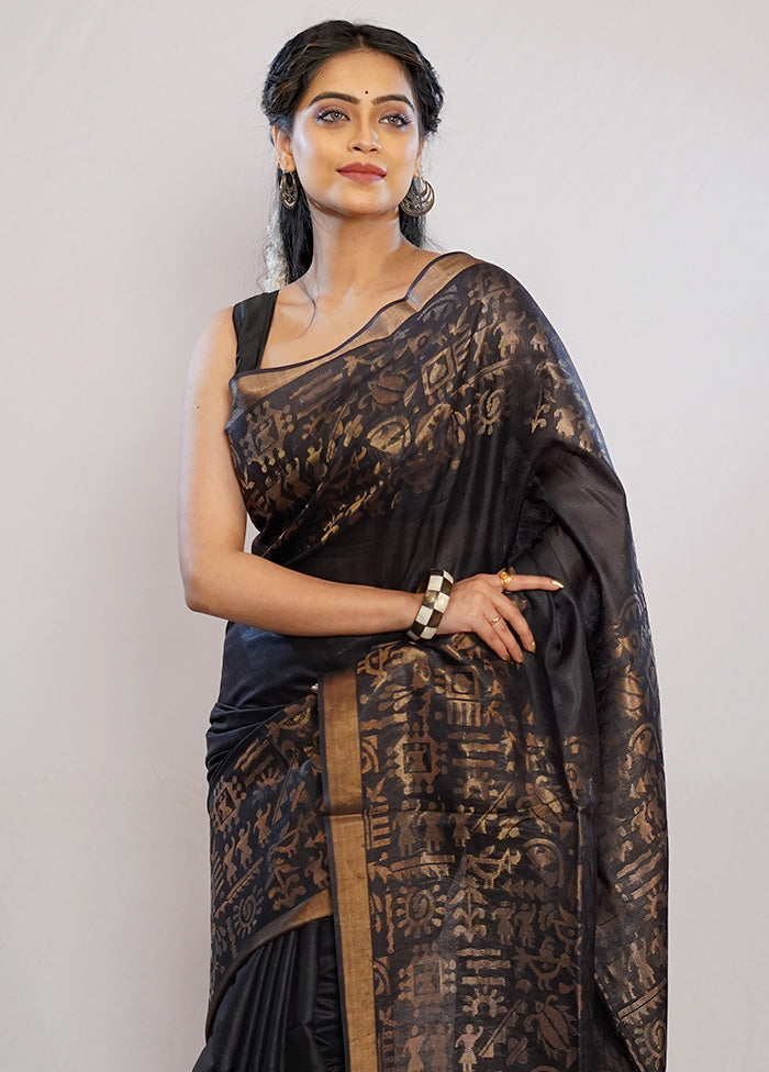 Black Tussar Pure Silk Saree With Blouse Piece - Indian Silk House Agencies