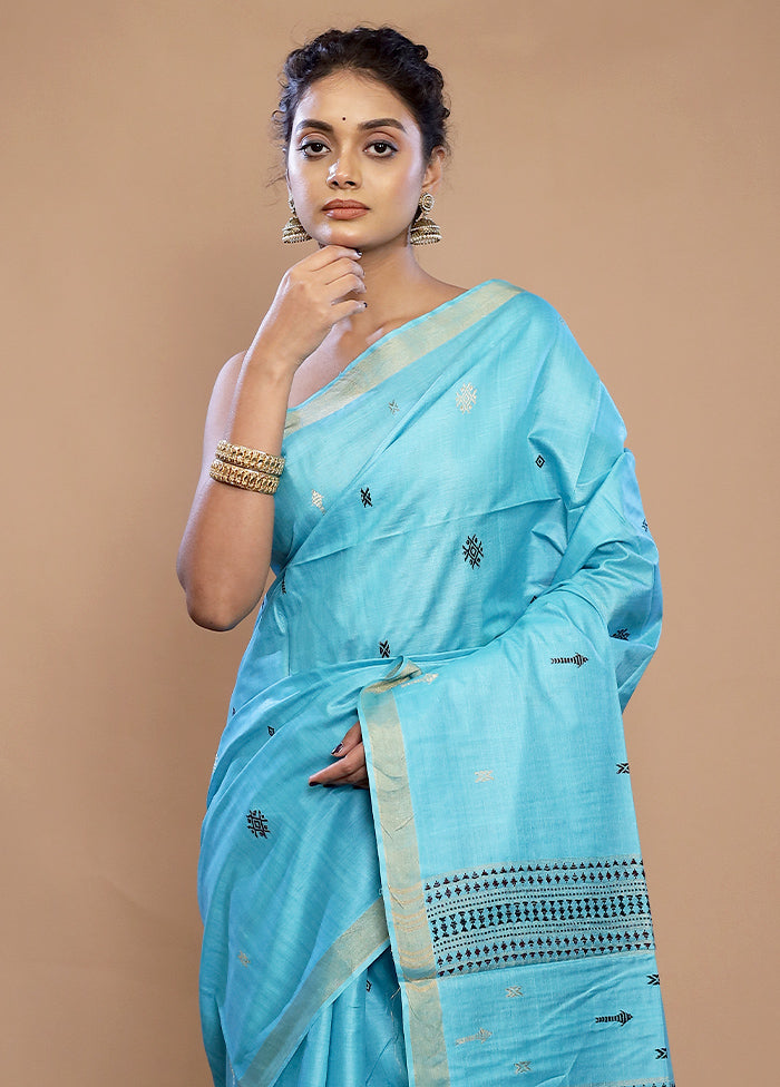 Blue Tussar Pure Silk Saree With Blouse Piece - Indian Silk House Agencies