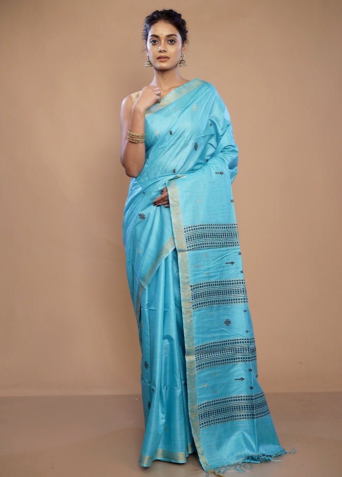 Blue Tussar Pure Silk Saree With Blouse Piece - Indian Silk House Agencies