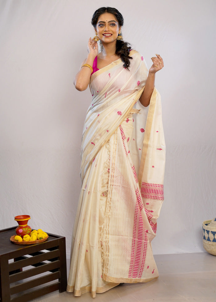 Cream Tussar Pure Silk Saree With Blouse Piece - Indian Silk House Agencies