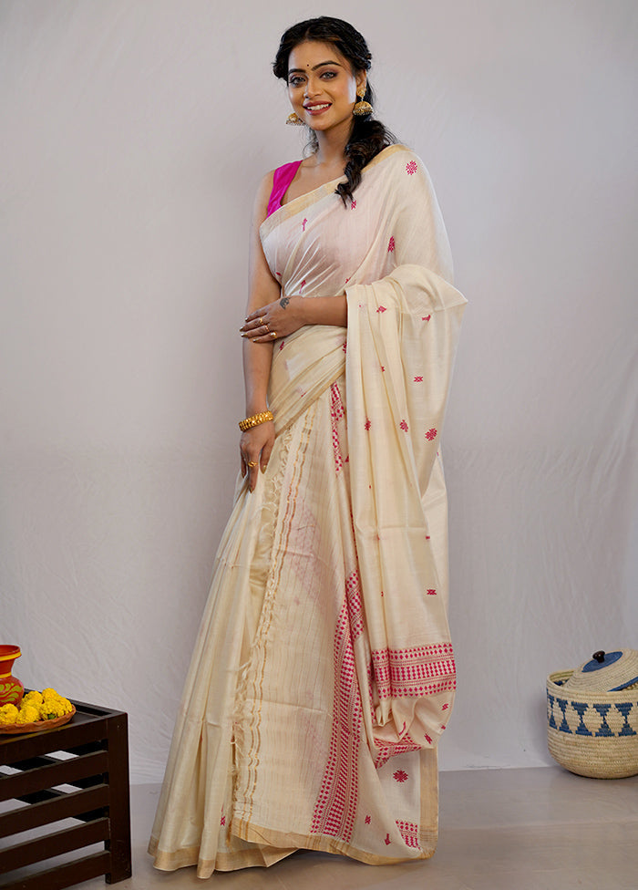 Cream Tussar Pure Silk Saree With Blouse Piece - Indian Silk House Agencies