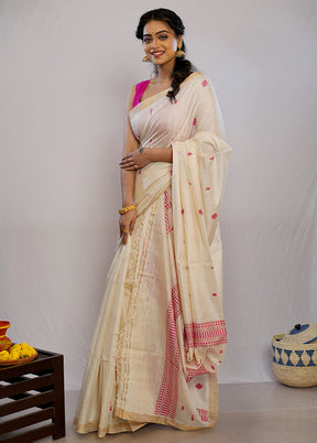 Cream Tussar Pure Silk Saree With Blouse Piece - Indian Silk House Agencies