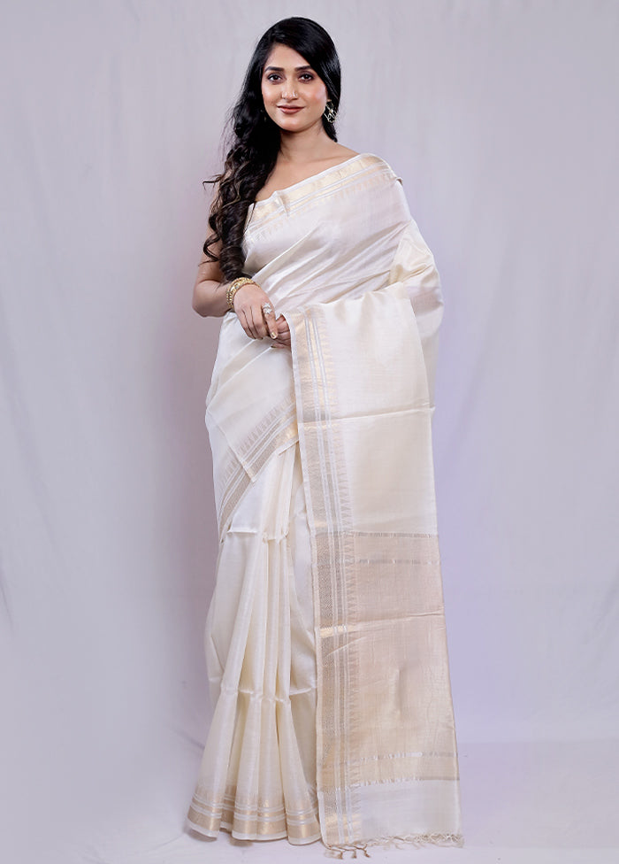 Cream Tussar Silk Saree With Blouse Piece - Indian Silk House Agencies