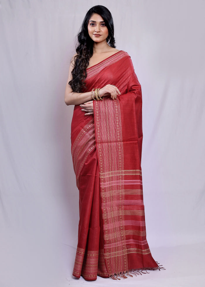 Maroon Tussar Silk Saree With Blouse Piece - Indian Silk House Agencies