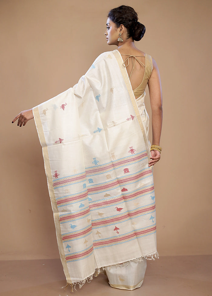 White Tussar Pure Silk Saree With Blouse Piece - Indian Silk House Agencies