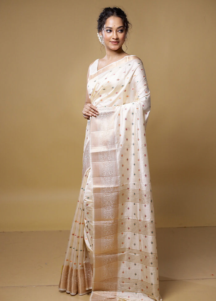 Cream Dupion Silk Saree With Blouse Piece