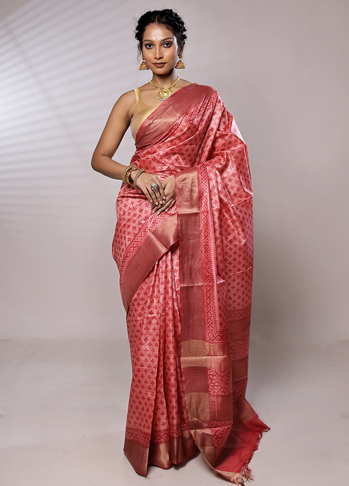 Pink Tussar Pure Silk Saree With Blouse Piece