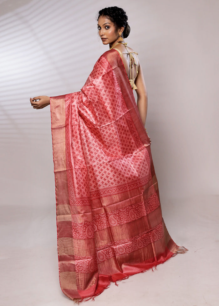 Pink Tussar Pure Silk Saree With Blouse Piece