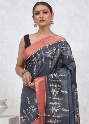 Grey Tussar Pure Silk Saree With Blouse Piece