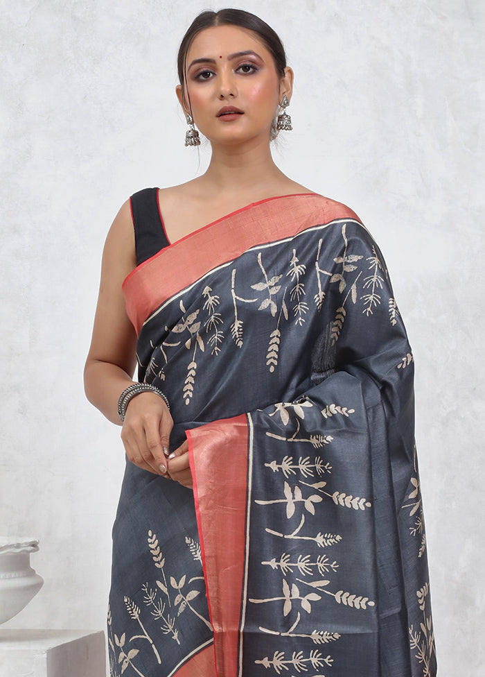 Grey Tussar Pure Silk Saree With Blouse Piece - Indian Silk House Agencies