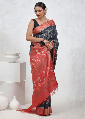 Grey Tussar Pure Silk Saree With Blouse Piece