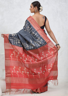 Grey Tussar Pure Silk Saree With Blouse Piece