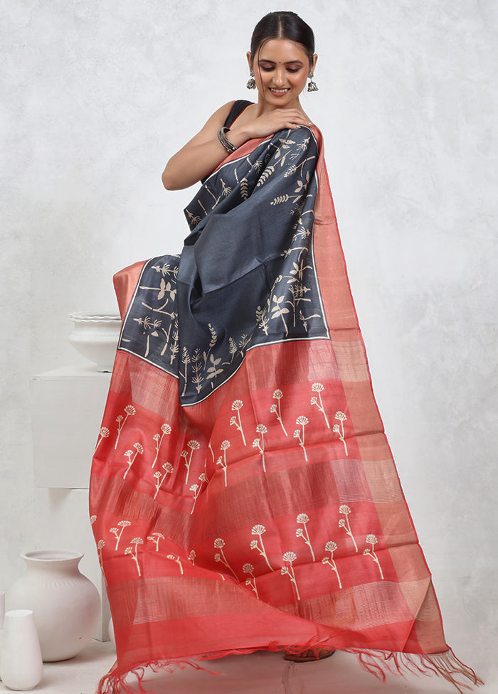 Grey Tussar Pure Silk Saree With Blouse Piece - Indian Silk House Agencies