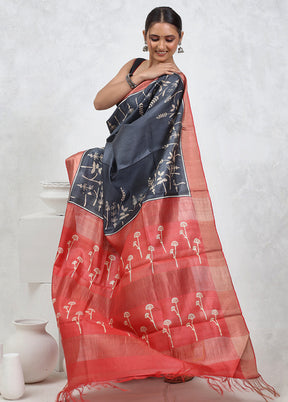 Grey Tussar Pure Silk Saree With Blouse Piece