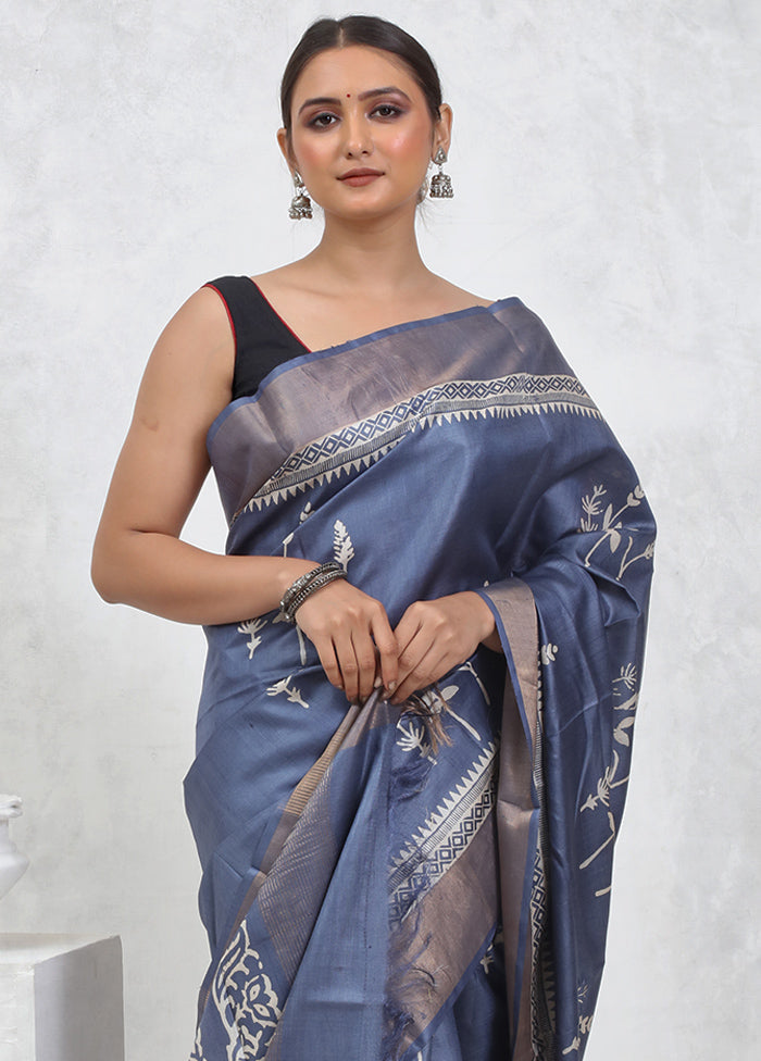 Grey Tussar Pure Silk Saree With Blouse Piece