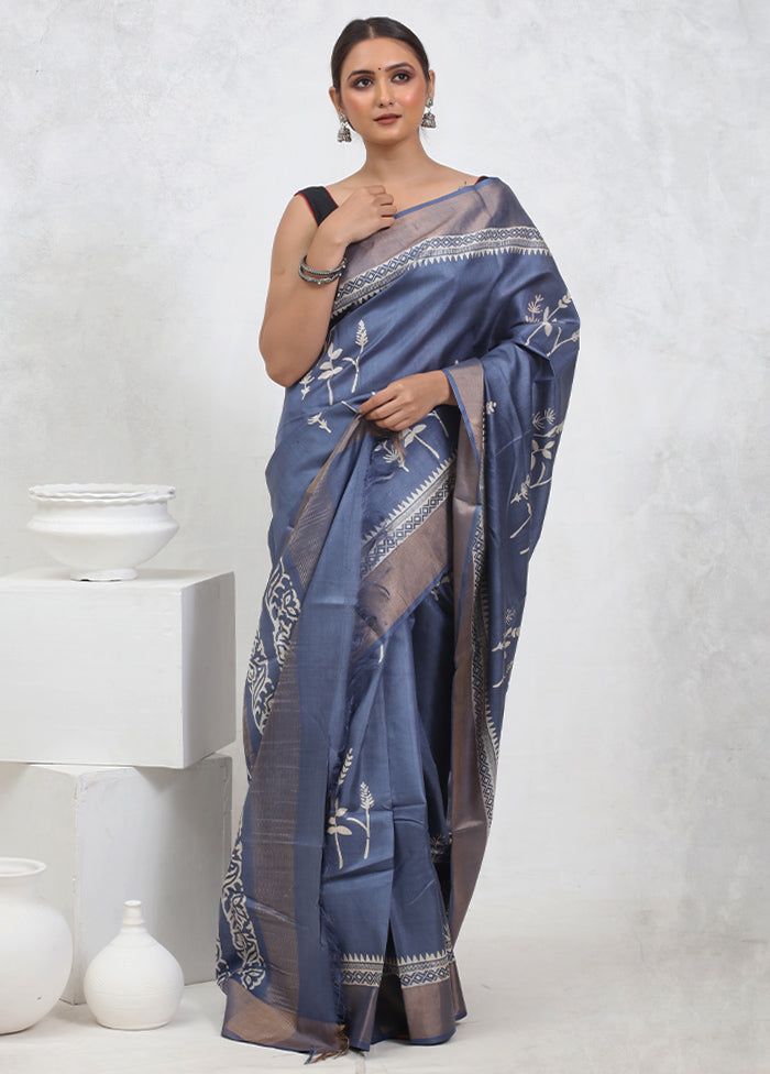 Grey Tussar Pure Silk Saree With Blouse Piece - Indian Silk House Agencies