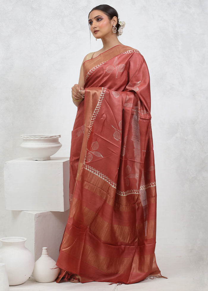 Pink Tussar Pure Silk Saree With Blouse Piece