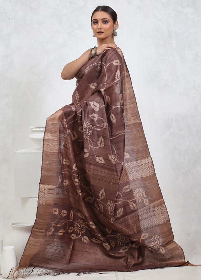 Brown Tussar Pure Silk Saree With Blouse Piece