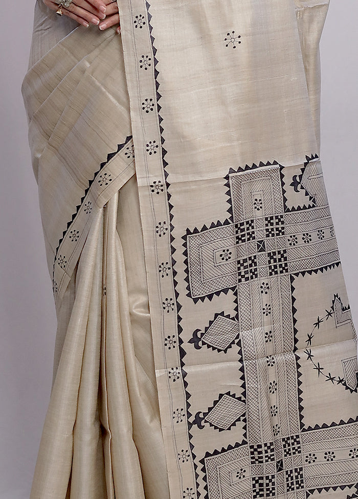 Cream Tussar Pure Silk Saree With Blouse Piece - Indian Silk House Agencies