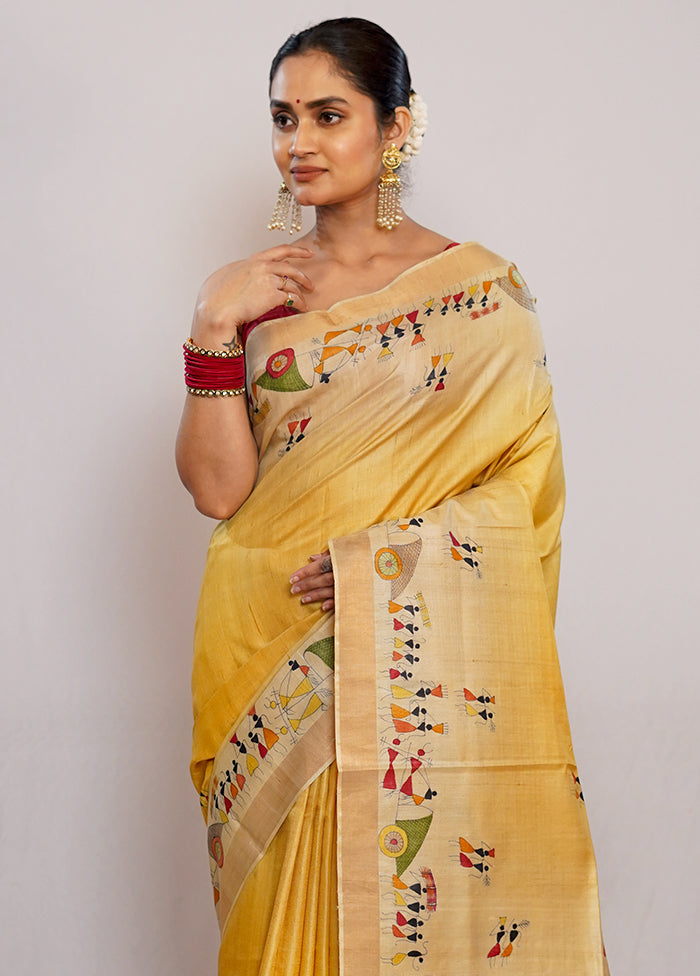 Yellow Tussar Pure Silk Saree With Blouse Piece - Indian Silk House Agencies