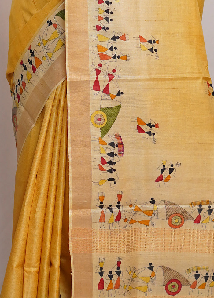 Yellow Tussar Pure Silk Saree With Blouse Piece - Indian Silk House Agencies