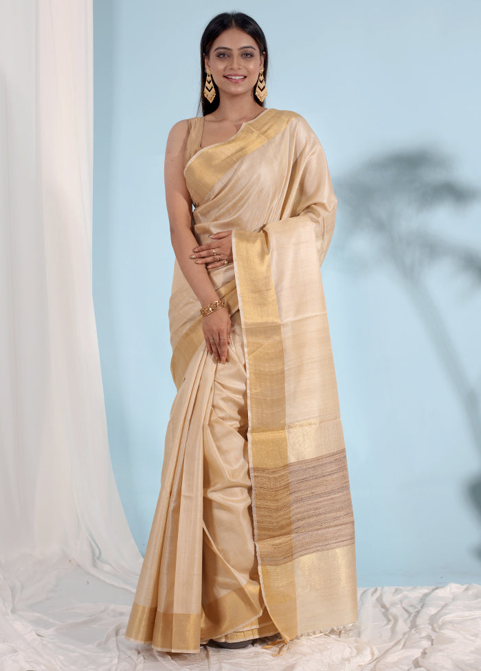 Cream Tussar Silk Saree With Blouse Piece - Indian Silk House Agencies