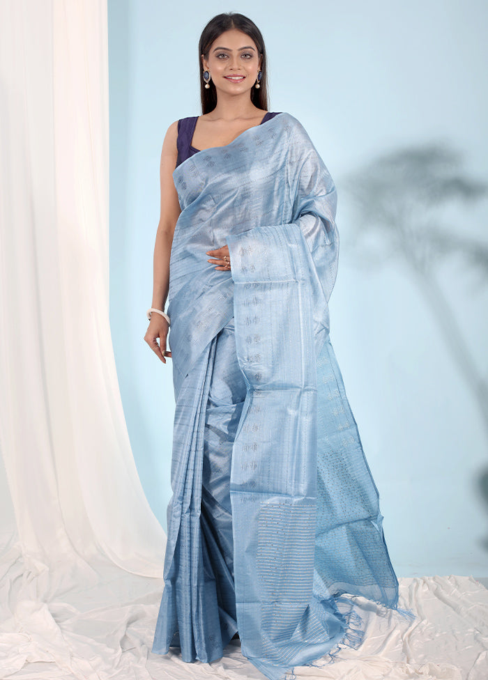 Blue Tussar Silk Saree With Blouse Piece - Indian Silk House Agencies