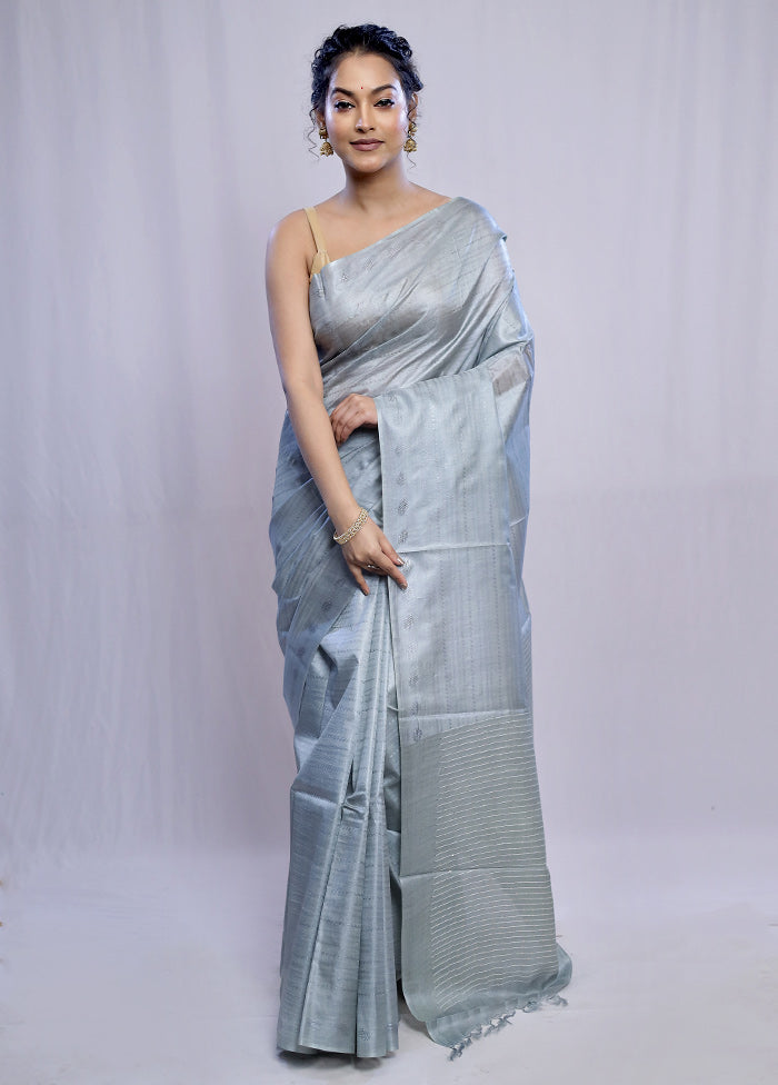 Grey Tussar Silk Saree With Blouse Piece - Indian Silk House Agencies