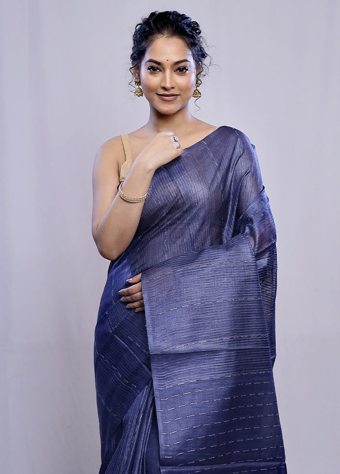 Blue Tussar Silk Saree With Blouse Piece - Indian Silk House Agencies