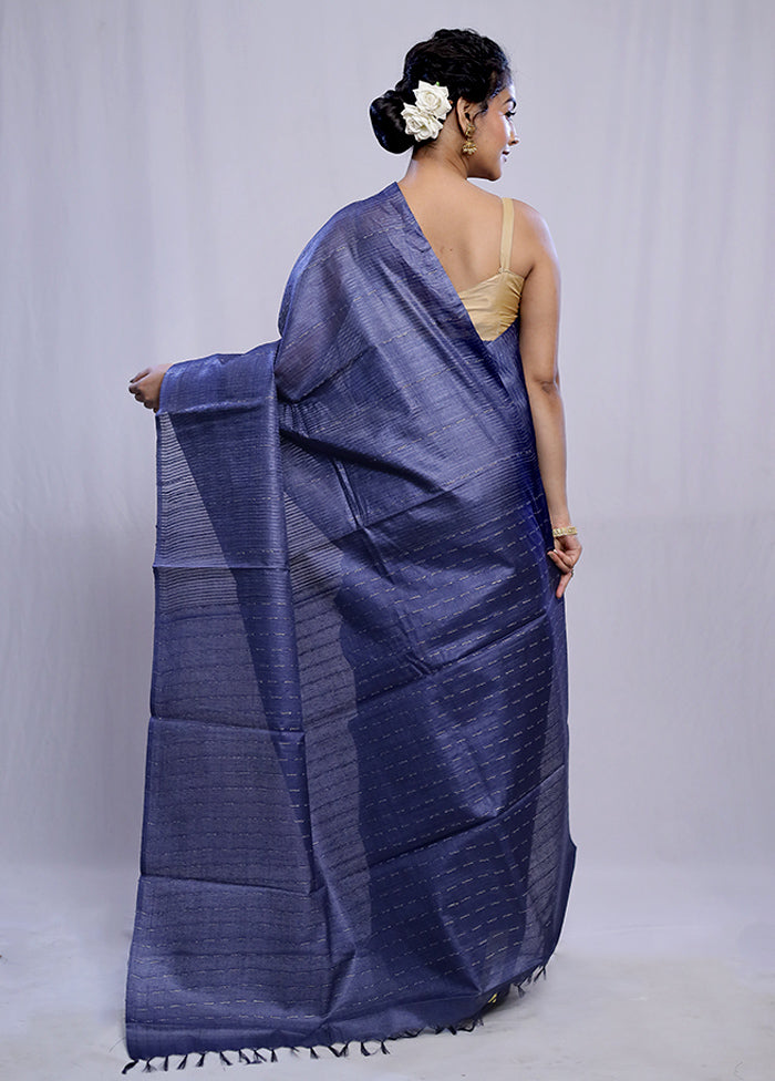 Blue Tussar Silk Saree With Blouse Piece - Indian Silk House Agencies