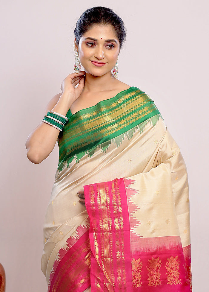 Cream Gadwal Pure Silk Saree Without Blouse Piece - Indian Silk House Agencies