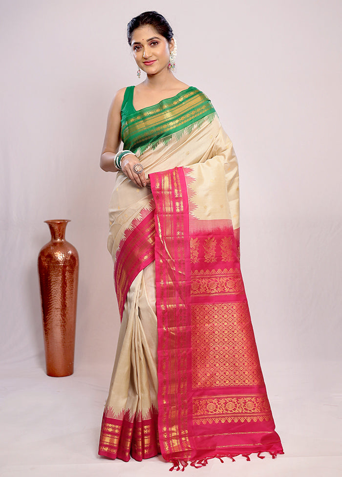 Cream Gadwal Pure Silk Saree Without Blouse Piece - Indian Silk House Agencies