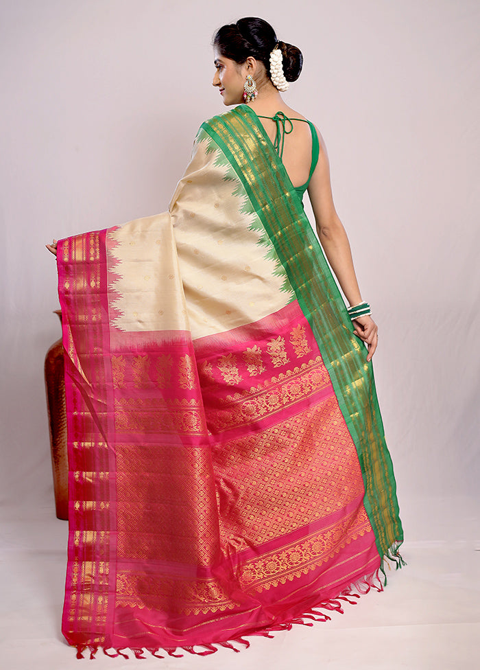 Cream Gadwal Pure Silk Saree Without Blouse Piece - Indian Silk House Agencies