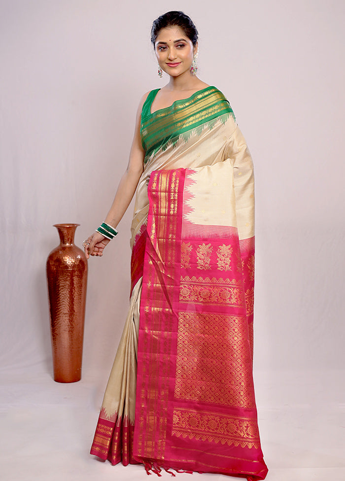 Cream Gadwal Pure Silk Saree Without Blouse Piece - Indian Silk House Agencies