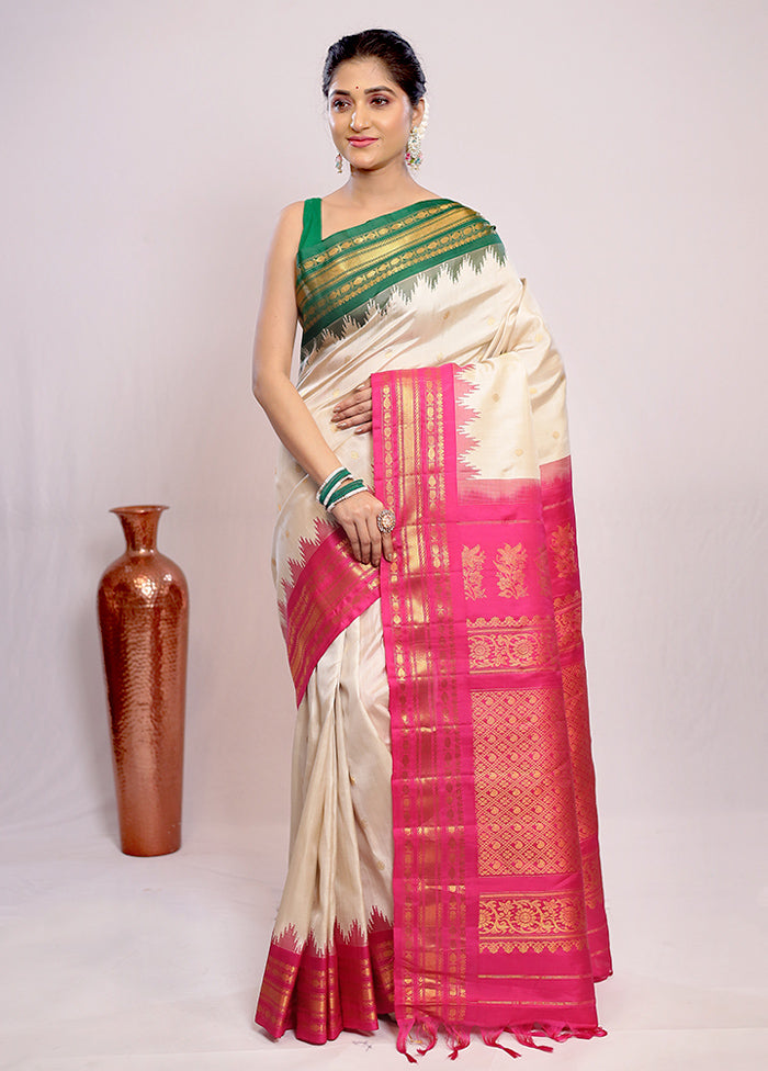 Cream Gadwal Pure Silk Saree Without Blouse Piece - Indian Silk House Agencies