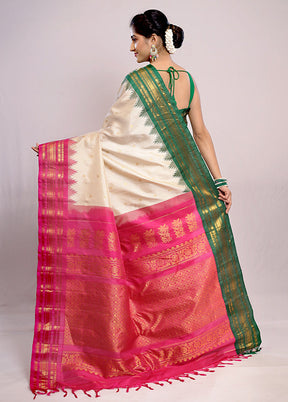 Cream Gadwal Pure Silk Saree Without Blouse Piece - Indian Silk House Agencies