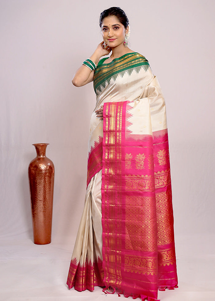 Cream Gadwal Pure Silk Saree Without Blouse Piece - Indian Silk House Agencies