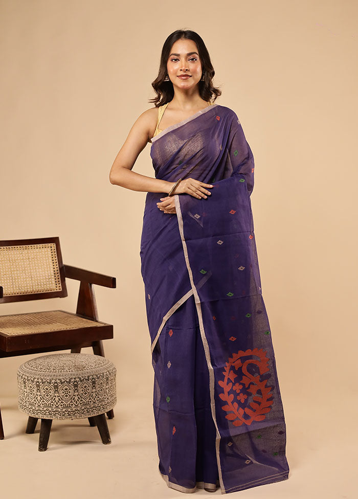 Blue Jamdani Cotton Saree Without Blouse Piece