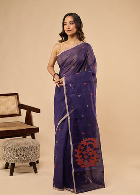Blue Jamdani Cotton Saree Without Blouse Piece
