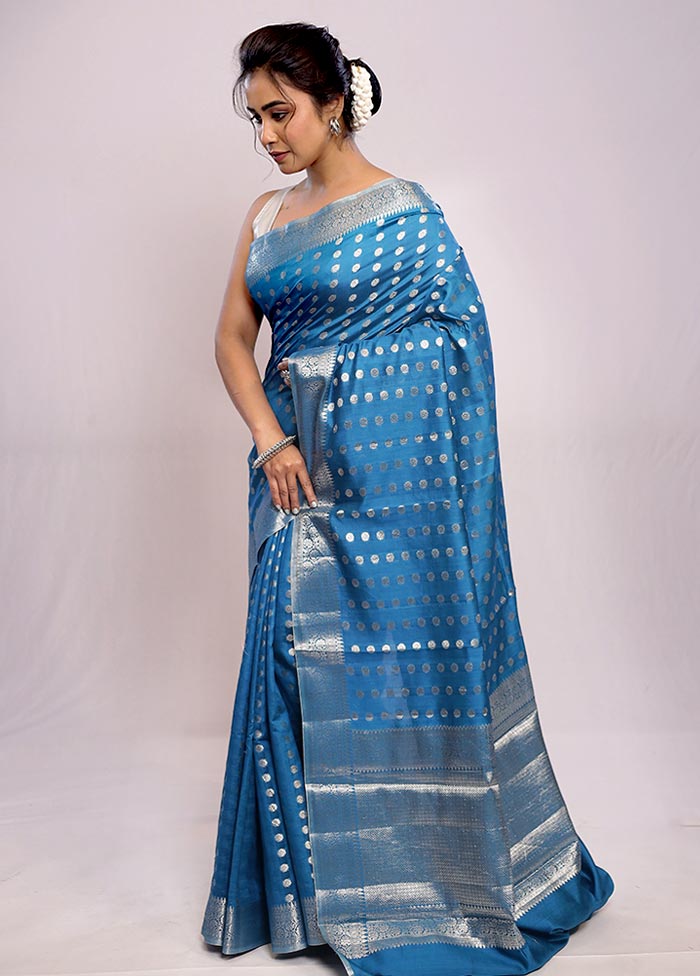 Blue Katan Silk Saree With Blouse Piece - Indian Silk House Agencies