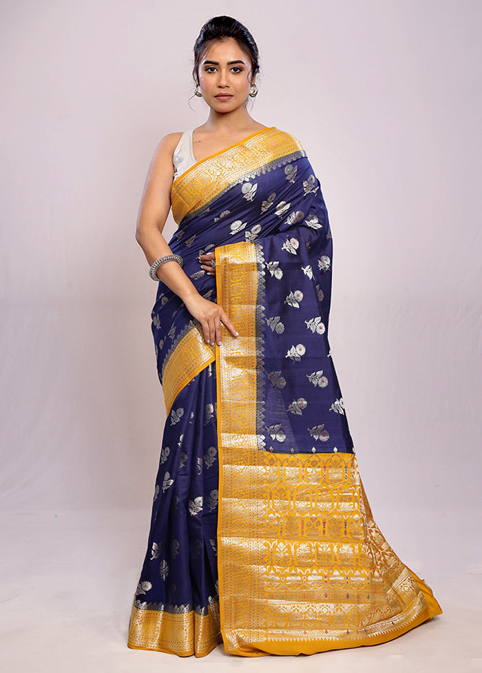 Blue Katan Pure Silk Saree With Blouse Piece - Indian Silk House Agencies