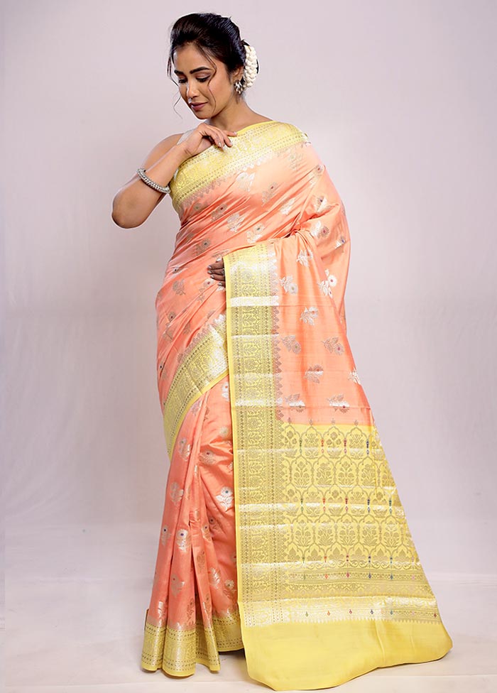 Peach Katan Pure Silk Saree With Blouse Piece - Indian Silk House Agencies