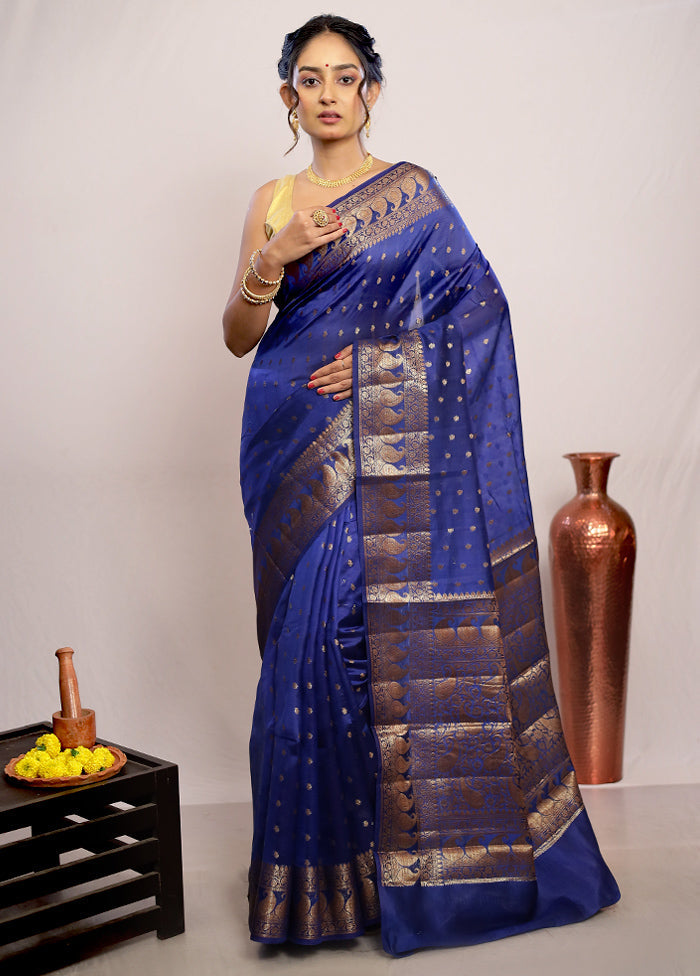 Blue Katan Silk Saree With Blouse Piece - Indian Silk House Agencies