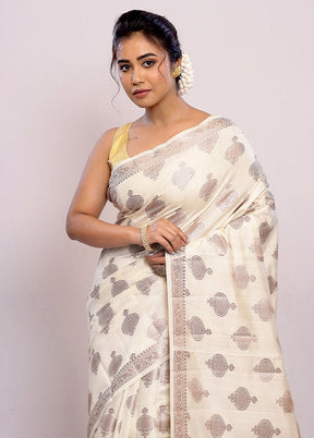 Cream Katan Silk Saree With Blouse Piece - Indian Silk House Agencies