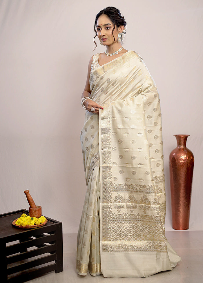 Cream Katan Silk Saree With Blouse Piece - Indian Silk House Agencies