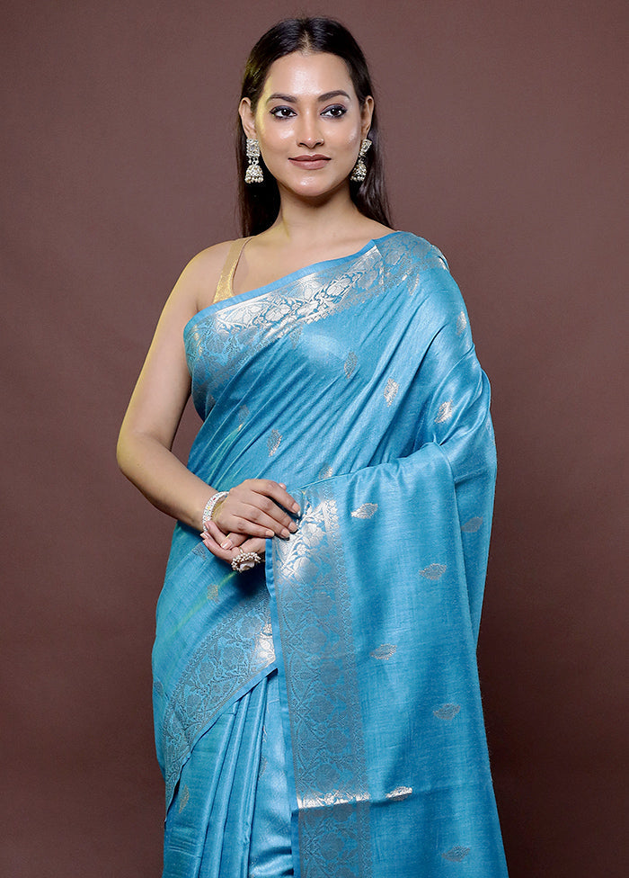 Blue Tussar Silk Saree With Blouse Piece