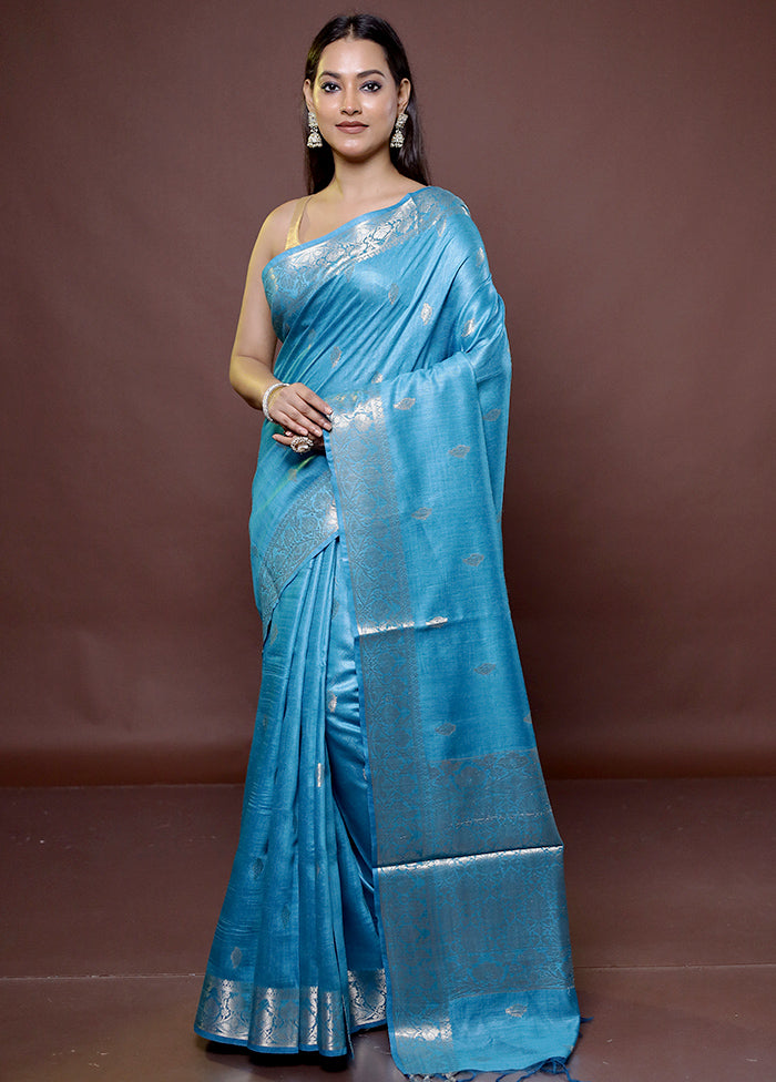 Blue Tussar Silk Saree With Blouse Piece